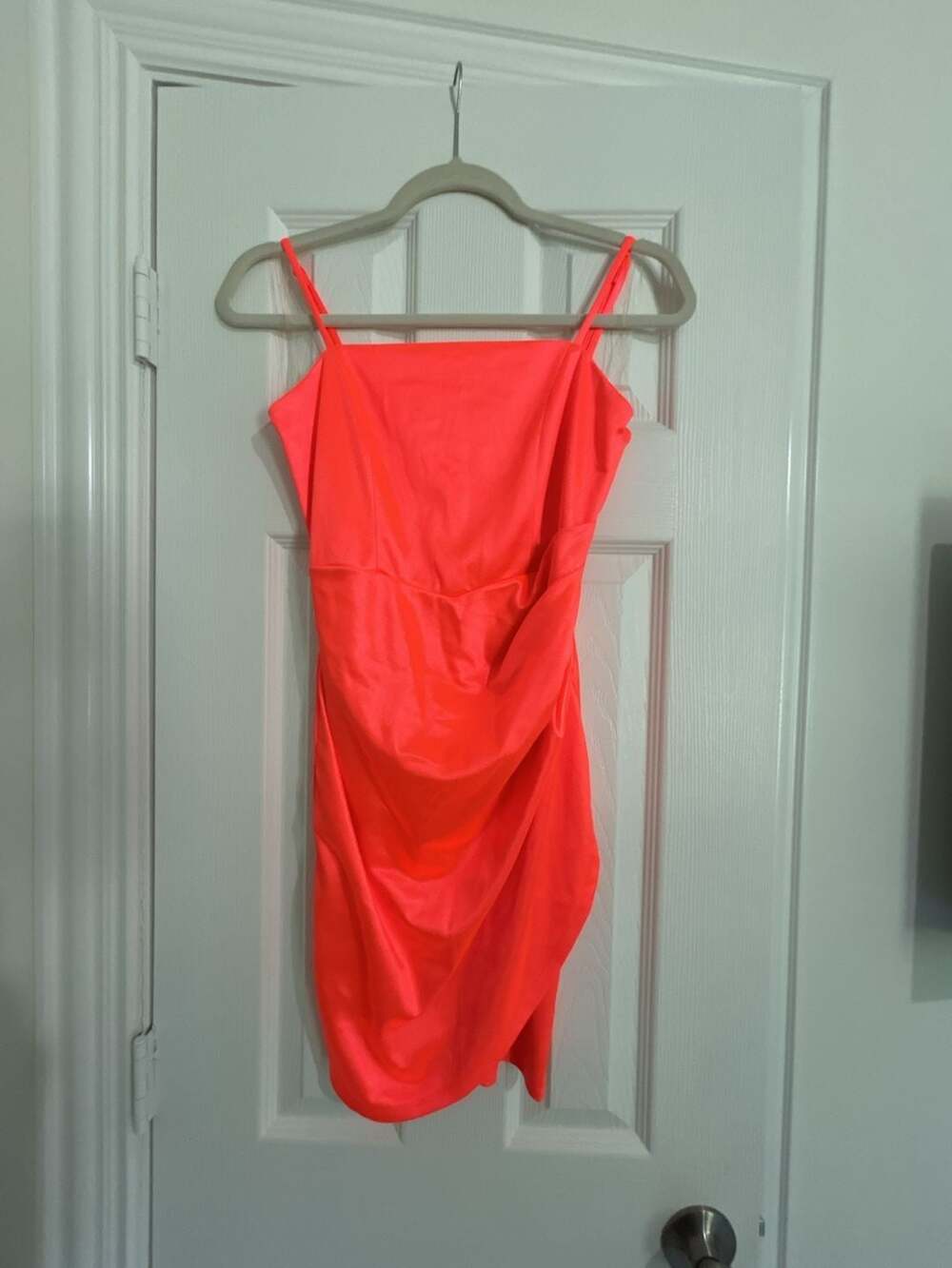Honey and Rosie Square Neck Faux Wrap Satin Mini Dress